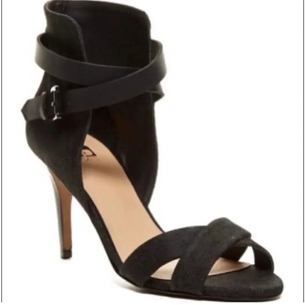 Joe's Jeans Marcy Sandal black denim wrap around Leather straps Women 6.5 Modern